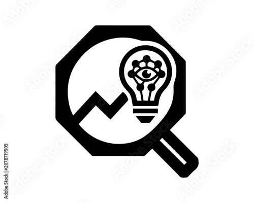 Black icon of magnifying glass with light bulb and gear inside Vector, illustration
