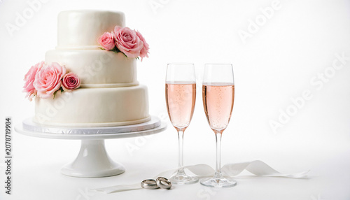 classic three-tier wedding cake, champagne and gold wedding rings