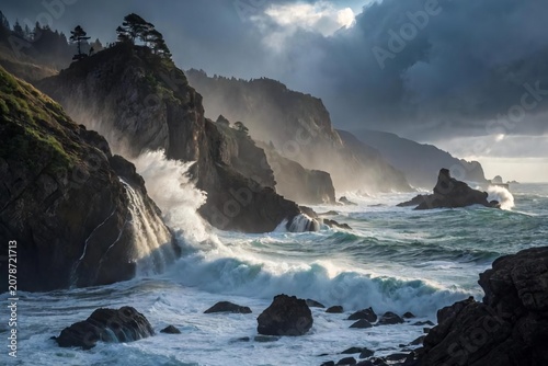 Dramatic Coastal Landscape with Waves Crashing on Rocky Cliffs