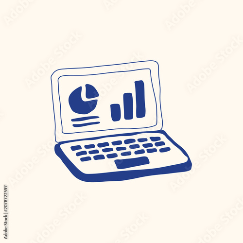 Hand drawn vector illustration of laptop analytics icon for business dashboard, financial report, data statistics, online research and performance review.