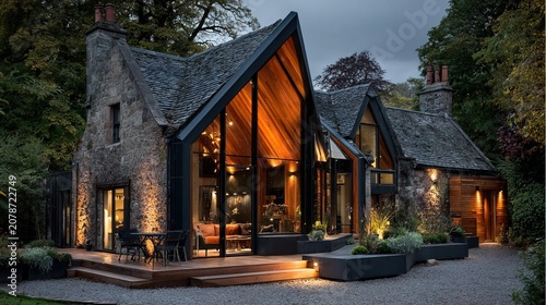 Charming Modern Cottage with Illuminated Interior and Stone Exterior at Night.