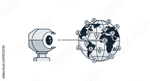 Quadro su tela A robotic camera monitors a global network of connected people on a digital glob