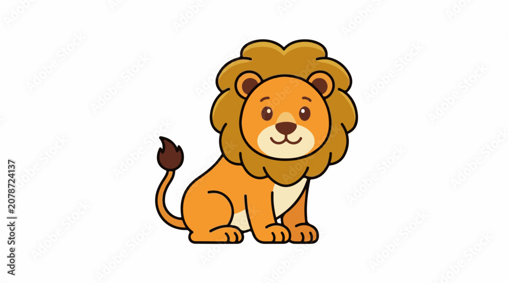 Fototapeta premium Cute cartoon lion with a fluffy mane sits patiently