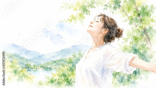 新緑の中で両手を広げ深呼吸する女性、水彩画で描かれた心安らぐ自然の風景