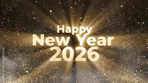 Elegant gold greeting card design for Happy New Year 2026 with glowing light rays and sparkles.