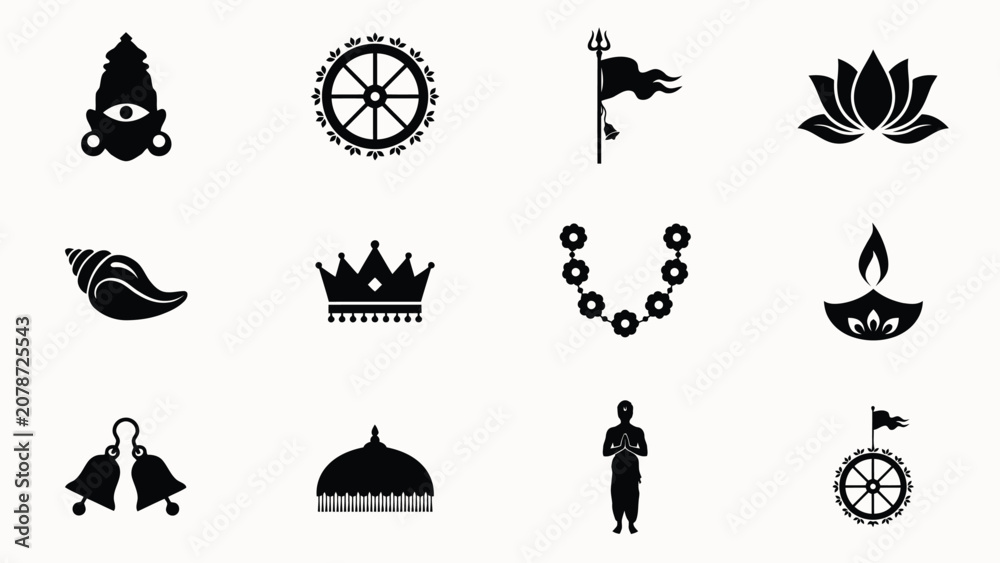Naklejka premium Elegant black and white icon set showcasing spiritual and cultural symbols for meditation rituals