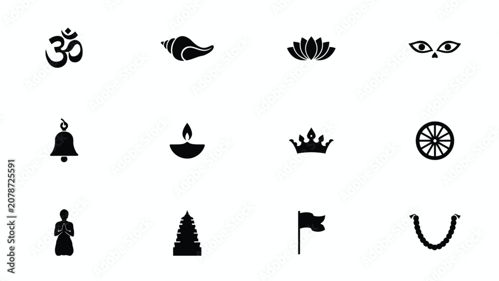 Obraz premium Minimalist black and white icons depicting spiritual symbols and cultural motifs arranged in a clean 4x3 grid