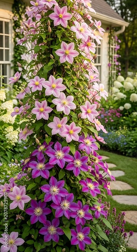 Colorful Garden Flowers Blooming Near White Fence.
