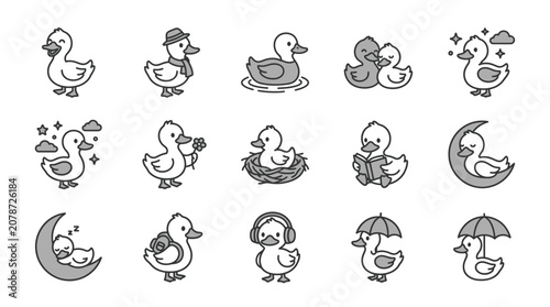 Bild auf Leinwand Whimsical duck characters in various activity poses.