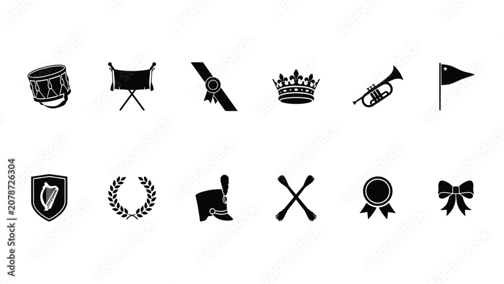 Naklejka premium Elegant black and white vector icons celebrating victory achievement and festive traditions in minimalist style