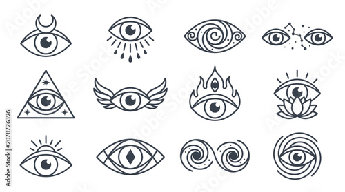 Fotografie Mystical eye symbols and celestial line art icons set.