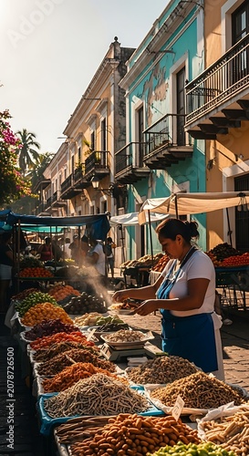Colorful Market Street with Vendors and Fresh Produce.