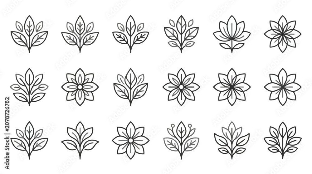 Fototapeta premium Symmetric geometric floral line art icon collection.