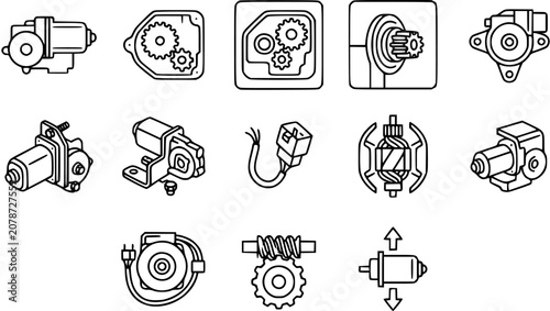 Bild auf Leinwand Automotive Electric Motors, Gears, and Actuator Line Art Icons Set