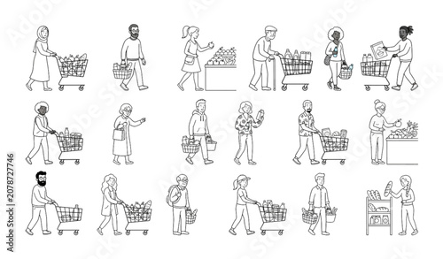Shopping Cart and Grocery Basket Doodle Vector Set with Supermarket Customers and Fresh Product Shoppers