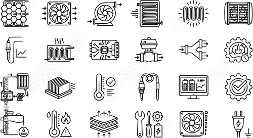 Foto Technology Cooling System Icons - Line Art Set for Electronic Devices and Heat D