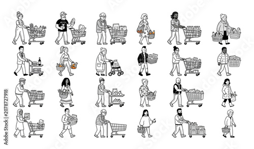 Supermarket Shoppers Doodle Vector Collection with Grocery Carts Shopping Baskets and Fresh Food Customers
