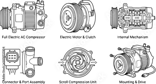 Foto Automotive AC Compressor Components Line Art - Full Electric, Motor, Mechanism,