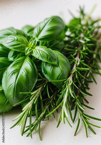 Fresh basil and rosemary herbs close up, Close up of fresh basil leaves and rosemary sprigs with water droplets on a light surface, natural daylight, selective focus, culinary herbs, organic ingredien