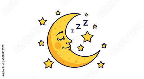 Sleepy Moon Among Stars Vector Illustration