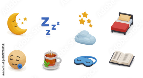 Sleep-themed vector icons including moon, bed, tea, and books
