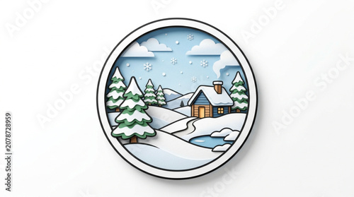 Winter Scene with Cabin and Snow Covered Trees Inside a Circle.