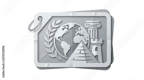 Global History Symbol Tag with Ancient Landmarks and Laurel Wreath.