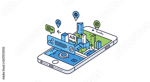 Smartphone with Augmented Reality Icons in Flat Vector Illustration
