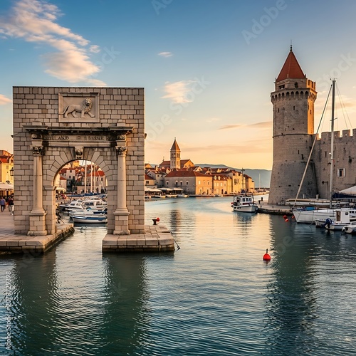 Historic Fortress and Bridge Over Calm Water at Sunset.