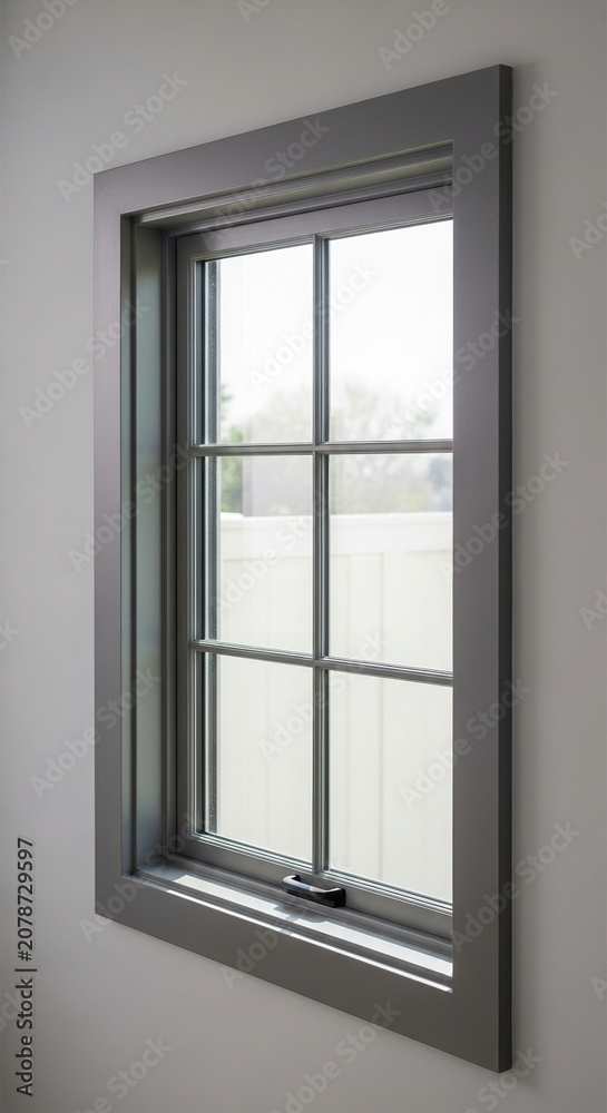 Fototapeta premium Modern gray framed window with divided glass panels installed in a clean white interior wall allowing natural daylight inside while showcasing minimalist residential architecture and contemporary home