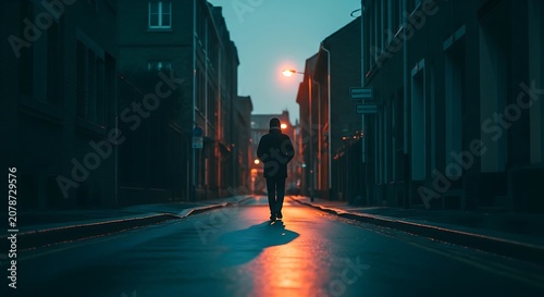 Solitary Person Walking Through Dimly Lit Urban Street at Sunset.