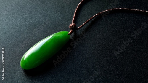 A slender green jade pendant shaped like a silique on a dark background.
