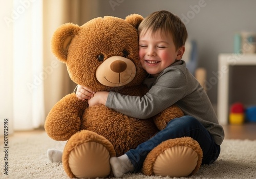 Young boy hugging oversized teddy bear, Happy young European boy hugging a giant teddy bear in a cozy living room, soft natural daylight, plush toy, warm home interior, childhood comfort,