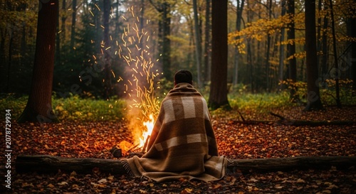 Person wrapped in blanket by autumn campfire, in a warm plaid blanket sitting beside a campfire in an autumn forest, glowing sparks rising into the air, fallen leaves, peaceful woodland, cozy outdoor 