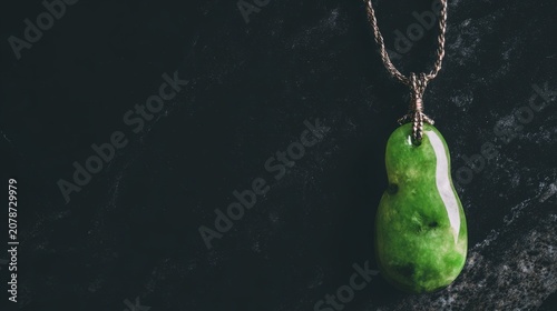 A slender green jade pendant shaped like a silique on a dark background.
