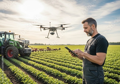 Smart farming with drone and tablet in crop field, Middle aged man uses a tablet in a crop field. Drone flies above and tractor stands nearby. Natural daylight. Realistic style. Precision agriculture 