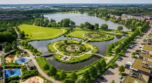 Aerial View of Beautiful Park with Water Features and Greenery.