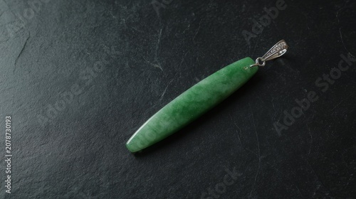 A slender green jade pendant shaped like a silique on a dark background.
