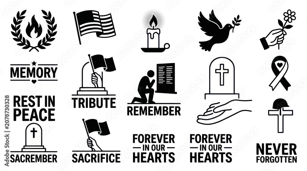 Obraz premium Memorial and funeral tribute icon collection for mourning