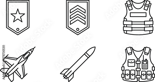 Foto Military and defense line icon set featuring army badges bulletproof vests fight