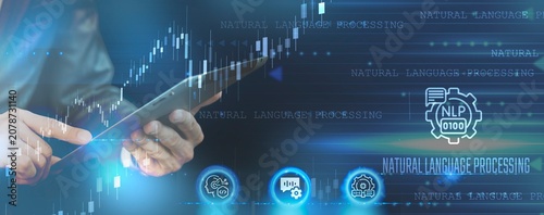Modern natural language processing concept featuring AI communication, digital analytics, intelligent automation and business data visualization on a futuristic tablet interface.