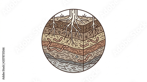 Konstfotografi Cross section of soil layers showing plant roots and earthworms.