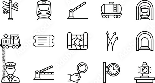 Billede på lærred Railway transport and train travel line icon set featuring locomotive ticket bar