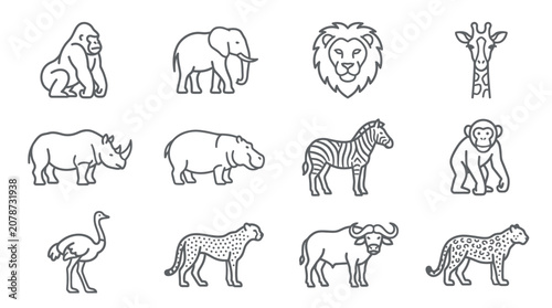 Canvas Print Black outline safari animal icon collection.