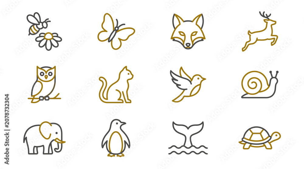 Fototapeta premium Diverse animal world icons in minimalist style.