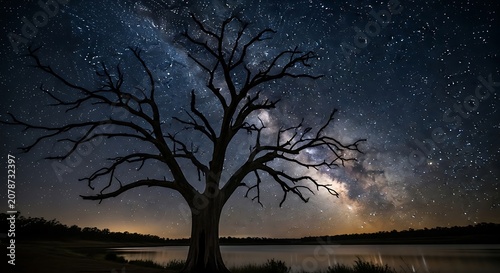 Night Sky with Bright Moon and Starry Clouds Behind Leafless Tree Landscape.