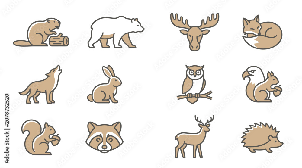 Obraz premium Forest animals and wildlife illustrated icon set.
