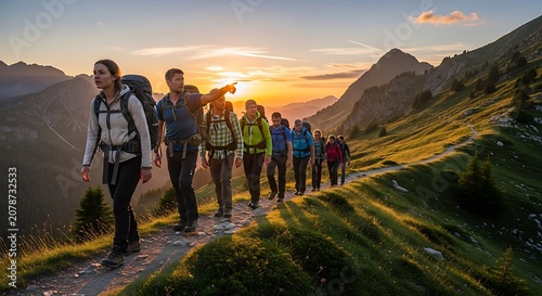 Group of Hikers Trekking Mountain Trail During Sunset.