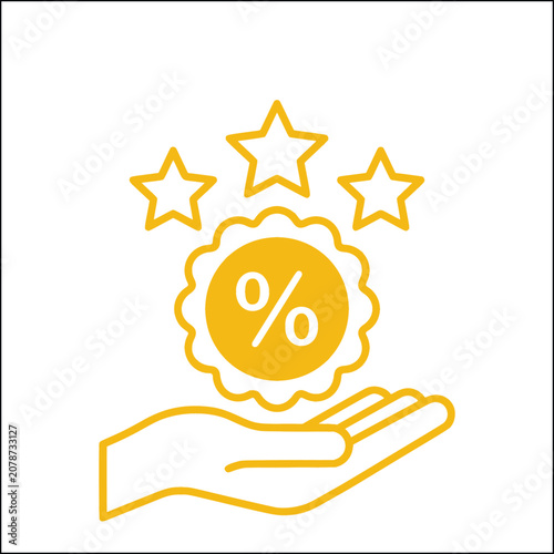 Yellow line art discount icon with hand and stars, percentage badge vector for retail promotions, loyalty program reward symbol