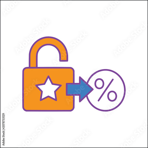 Unlocked discount icon vector, orange padlock with star and percentage symbol, promotional offer and loyalty reward concept illustration
